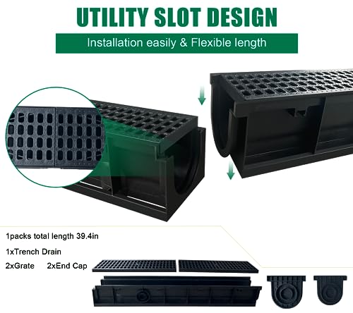 A15 Deep Profile HDPE Trench Drain-39.4Lx6.1Wx5.5H in. Channel Drain with Grates,Durable Plastic Yard Drainage System for Outdoor,Yard Fence,Houseside,Pool,Sidewalk,Patio,Backyard