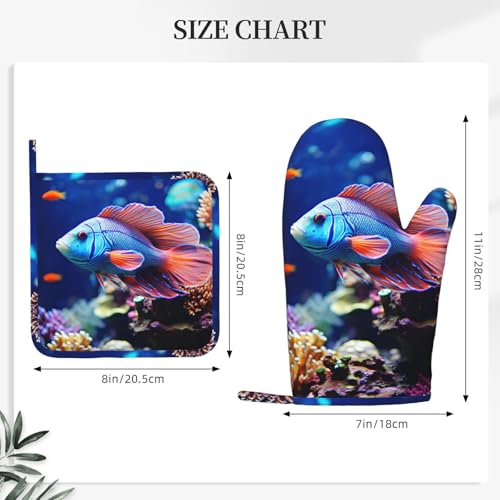 Coral Reef Fish Aquarium Oven Mitts and Pot Holders Sets of 2 Heat Resistant Silicone Oven Gloves Hot Pad Non-Slip Long Oven Mitts Potholders Extra Thicken Kitchen Mittens for Cooking