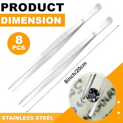 Yaomiao 8 Packs 8 Inch Bar Tweezers Silver Cocktail Tongs Long Garnish Tweezers Stainless Steel Bartender Kitchen Cooking Tongs for Cocktail Food Fruit Korean BBQ Bartender Chef, Multi-use