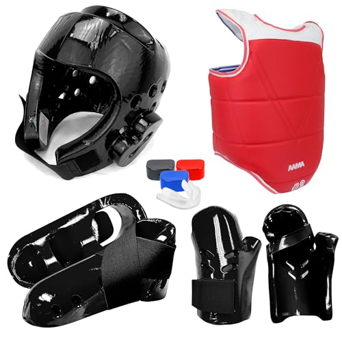 AAMA Custom Foam Sparring Gear Set - Foam Headgear, Olympic Style Chest Guard, Foam Punch and Kick - color: BLACK