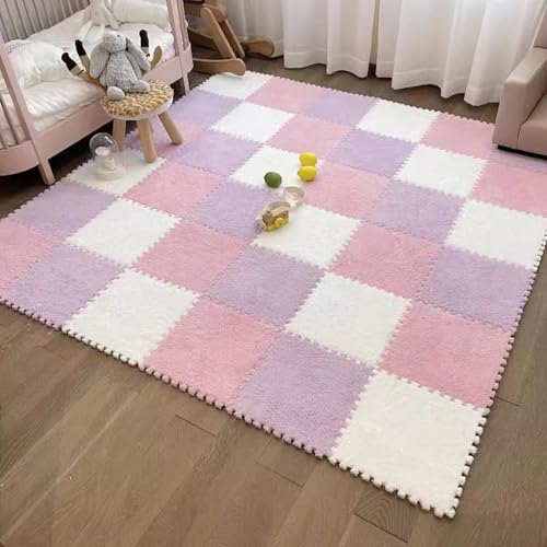 12pcs Plush Puzzle Foam Floor Mat (Pink&White&Light Purple) - color: Pink&white&light Purple