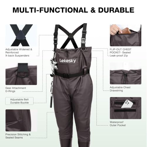 Lekesky Fly Fishing Chest Waders with Boots for Men Women, US Sizes 5–14,2-Ply Nylon/Pvc Waterproof Waders - color: Brown, size: M5/W7