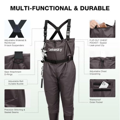 Lekesky Fly Fishing Chest Waders with Boots for Men Women, US Sizes 5–14,2-Ply Nylon/Pvc Waterproof Waders - color: Brown, size: M11