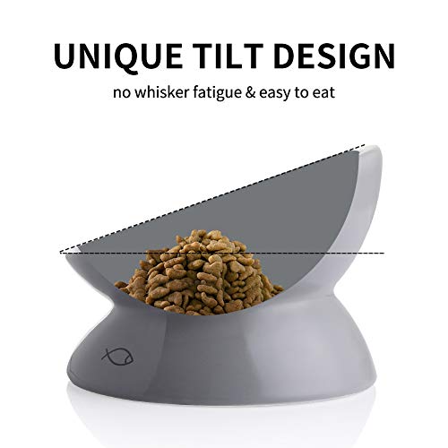 Sweejar Ceramic Raised Cat Bowls, Slanted Cat Dish Food or Water Bowls, Elevated Porcelain Pet Feeder Bowl Protect Cat's Spine, Stress Free, Backflow Prevention (Gray)