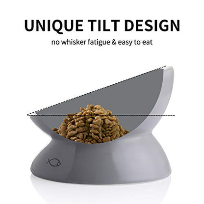 Sweejar Ceramic Raised Cat Bowls, Slanted Cat Dish Food or Water Bowls, Elevated Porcelain Pet Feeder Bowl Protect Cat's Spine, Stress Free, Backflow Prevention (Gray)