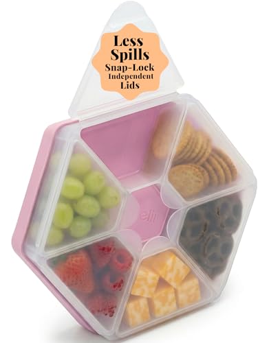 melii Hexagonal Snackle Box | 6 Compartment Snack Container with Individual Snap-Lock Lids, Easy-Grip Design for Kids & Adults, Portion-Control Food Storage for Lunch, Travel & On-the-Go (Pink)