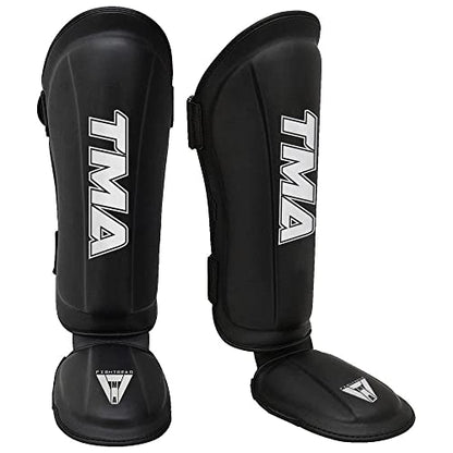 TMA Shin Guards Kickboxing Muay Thai, Premium Leather, Leg Instep Protection Pads, MMA Martial Arts Kicking Sparring Training Gear, BJJ Karate Boxing Taekwondo - size: Small