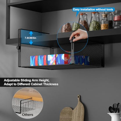 2Pack Under Shelf Basket Organizer,Adjustable Hanging Holder for Cabinet Pantry Kitchen Cupboard Desk Counter Bookshelf Organization Add-on Space Saver Heavy Duty Slide-in (Black, Large)