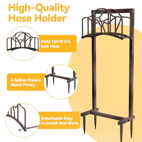 Garden Hose Holder Hanger Freestanding, Upgraded 4-Spike Heavy Duty Storage Reel Stand, Holds 150ft Hose for Outside Yard Lawn (Rustic Line, Metal)