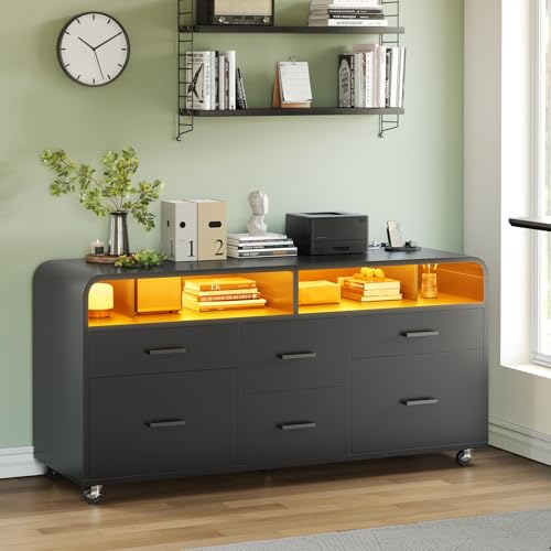 SEDETA 6 Drawer File Cabinet with Power Strip, 47" Wood Mobile Lateral Filing Cabinet fits Legal/Letter/A4 Size for Home Office, Printer Stand with Storage Shelf and Led Lights, Black - color: Black