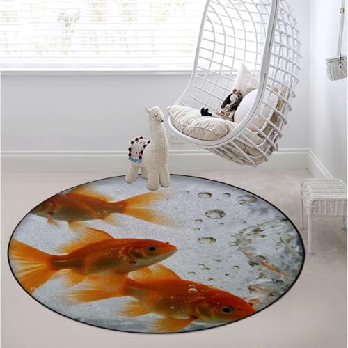Aquarium Round Area Chair Mat for Hardwood Floors, Golden Carp Swivel Chair Protector, Protect The Floor from Scratches, Orange Gold White Diameter 59 in