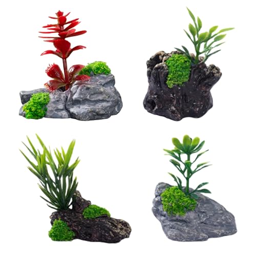 4Pcs Miniature Artificial Stone Rocks and Trees with Plants – Decorative Landscape Ornaments for Fairy Garden Accessories, Aquarium Decorations, Glass Dome Displays, DIY Craft Projects, Tabletop Décor