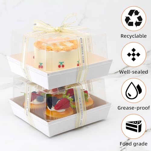 7 x 7 x 4 Inches Paper Charcuterie Boxes with Clear Lids, 25 Pack Large Clear Cake Boxes for 4-6 Inch Cake, Disposable Bakery Boxes Food Containers for Cupcakes,Pie,Cookies, Cocoa Bomb White