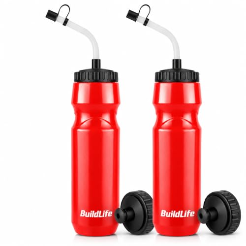 BuildLife 2 Pack Sports Water Bottle - Hockey Water Bottle with Long Straw and 2 lids (Straw and Squeeze) for Helmet Sports Hockey, Lacrosse, Football, Boxing, BPA Free,Dishwash Safe (Red) - color: Red