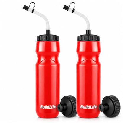 BuildLife 2 Pack Sports Water Bottle - Hockey Water Bottle with Long Straw and 2 lids (Straw and Squeeze) for Helmet Sports Hockey, Lacrosse, Football, Boxing, BPA Free,Dishwash Safe (Red) - color: Red