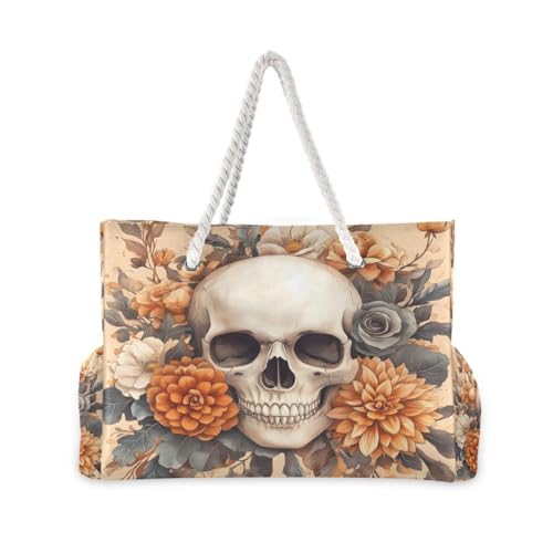 senya Large Beach Bags Totes Canvas Tote Shoulder Bag Soft Wave Water Resistant Bags for Gym Travel Daily Ocean - color: Skeleton Flower