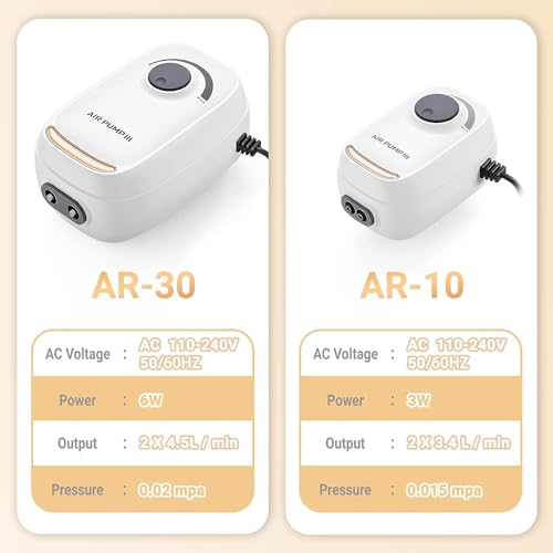 3W/6W Aquarium Air Pump, Adjustable Aquarium Aerator with 2-Outlet, Super-Powerful & Quiet Oxygen Pump for Fish Tanks up to 100/200 Gallon with Full Accessories.(Upgrade Noise-Reduce) - style: 3W/AR-10 NEW