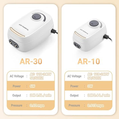 3W/6W Aquarium Air Pump, Adjustable Aquarium Aerator with 2-Outlet, Super-Powerful & Quiet Oxygen Pump for Fish Tanks up to 100/200 Gallon with Full Accessories.(Upgrade Noise-Reduce) - style: 3W/AR-10 NEW
