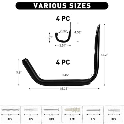 KURUI 15" Heavy Duty Garage Storage Hooks, 8 Pack Wall Mount Kayak Rack - size: 15''-8pcs