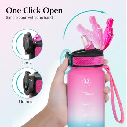 EYQ 32oz Water Bottle with Straw, Time Marker, Blue Purple - color: 2.Fuschia/Green Gradient