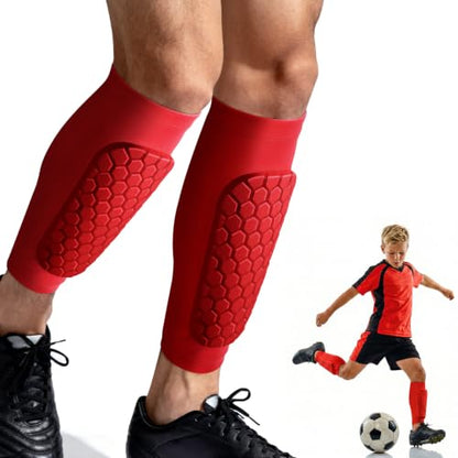 XZQTIVE Soccer Shin Guards Shin Defender for Kids Youth Adult, Ski Shin Guard Calf Compression Sleeve with Honeycomb Shin Pads - color: red, size: XX-Small