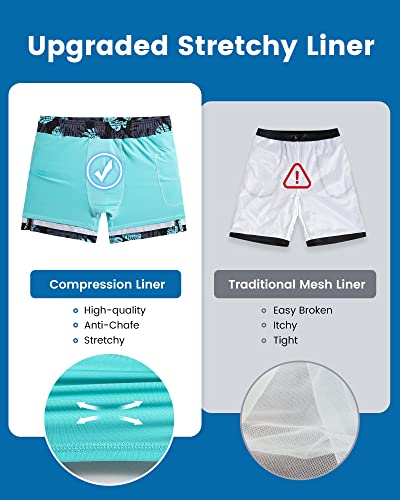 maamgic Mens Swim Trunks with Compression Liner 5 Inch, Quick Dry Bathing Suit with Zipper Pockets, No-Chafing Swim Shorts - color: Black-lake Blue Leaves, size: Large