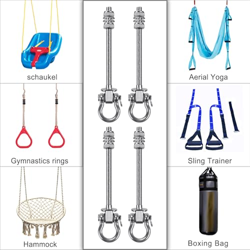 SELEWARE 4 Pcs Heavy Duty Bearing Swing Hangers Stainless Steel Swing Hooks | 7" x M2/5" Swing Bolt for Wood and Steel Beam, Swing Sets Hardware for Hammock, Yoga, Porch Swing, Heavy Bag, 1500LB Capacity - color: 4 Pack Bearing Hangers (7" X M2/5" Threade