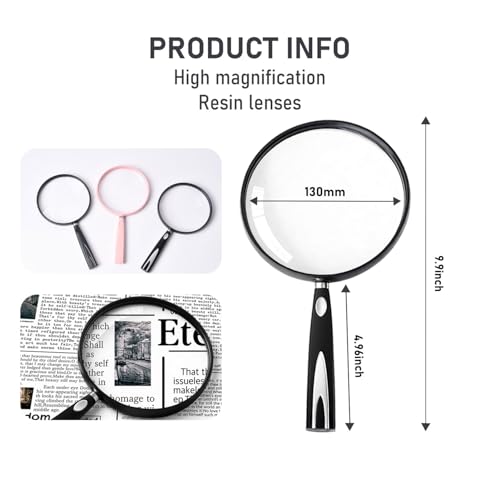 Handheld Reading Magnifier, 10X Magnifier, 130mm Shatterproof Lens, Non-Slip Handle for Adults Close Work, Seniors Reading and Nature Exploration, Hobby Observation(Silver/Black)