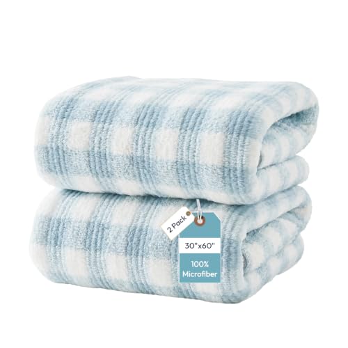 JML Bath Towels, 2 Pack, 30x60 in, Microfiber, Cationic Plaid Blue - color: Cationic Plaid Blue, size: 30 in x 60 in