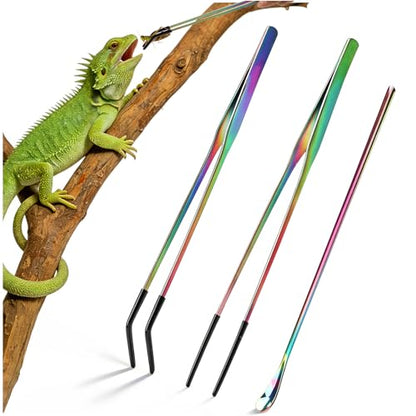 OLIISS Stainless Steel Reptile Feeding Tongs and Spoon Set - 10.6" Straight & Curved Tweezers for Aquariums & Crafts - Feeder Tools for Bearded Dragons & Lizards - Terrarium Tank Supplies