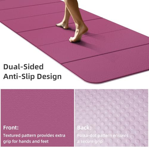 HAHE Extra Wide Folding Exercise Mat 75"x40"x0.4" TPE Fitness Mat | High Density Foldable Yoga Mat, Non-Slip Yoga Mat for Home Gym, Strength Training, Travel, 7-Fold Portable for Women, Men - color: Deep Pink & Light Pink
