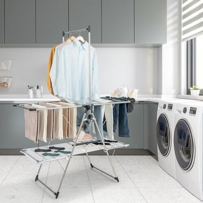 Tangkula Freestanding Foldable Clothes Drying Rack | Tall Hanging Bar & Height Adjustable Gullwing | Stainless Steel | No Assembly |Space-Saving | for Laundry Room Balcony Patio - size: 54" x 25" x 72"