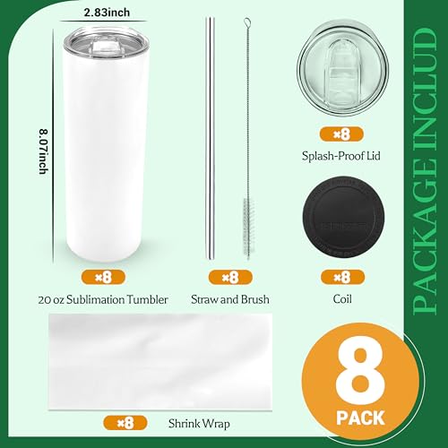 Joyclub 8 Pack Sublimation Tumblers Glow in the Dark 20 oz Bulk Blank Tumblers Skinny Straight Flat Bottom Cups White with Lid and Straw - color: White 8 Pack green glow
