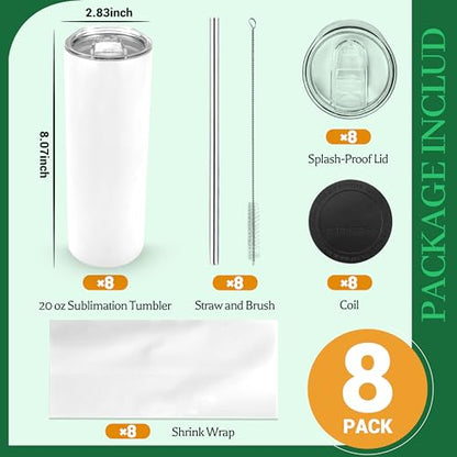Joyclub 8 Pack Sublimation Tumblers Glow in the Dark 20 oz Bulk Blank Tumblers Skinny Straight Flat Bottom Cups White with Lid and Straw - color: White 8 Pack green glow