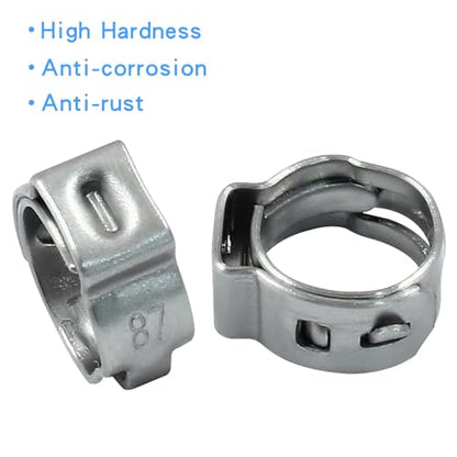 Litoexpe 50 Pcs Single Ear Hose Clamp 7.0mm-8.7mm, Hose Crimp Clamps Ear Crimp Rings, Stainless Steel Pinch Clamp for Securing Pipe Hoses and Automotive - size: 7mm-8.7mm