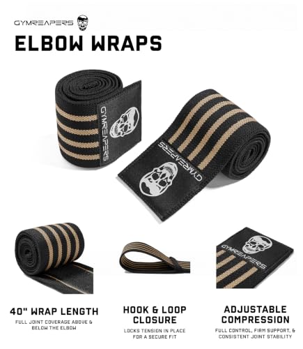 Gymreapers Weightlifting Elbow Wraps (1 Pair) - Flexible 40'' Elbow Compression Strap & Joint Support Brace - for Bench Press, Powerlifting, and Pressing - color: Tan