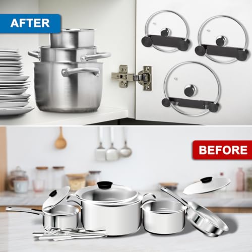 New Upgrade 4 Pack Adjustable Pot Lid Holder, Lid Organizer Fits 6" to 14" Lids, with Screw Hole Position and Sticky Wall Mounted Lid Storage Kitchen Cabinets, Cabinet Doors (Black) - color: Black