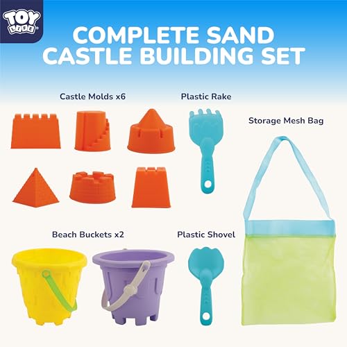 TOY Life Kids Beach Sand Castle Bucket Set, 2 Buckets with Mesh Bag, 6 Molds, 2 Shovels, Colorful Plastic Beach Toys for Summer Play