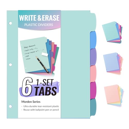 Sooez 6-Tab Durable Plastic Write & Erase Big Tab Dividers for 3 Ring Binder, Aesthetic Cute Pastels Binder Dividers for Student, Teacher, Office, Home Organizers, 1 Sets, Trendy - color: Trendy, size: 1 set