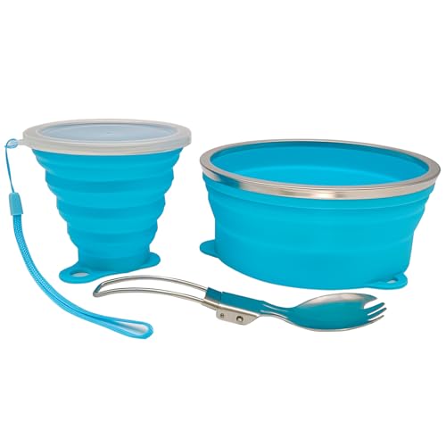 Mess Kit for Camping Silicone Collapsible Bowl Collapsible Cup and Stainless Steel Spoon for Backpacking Outdoor Hiking Traveling and Picnic - color: Blue