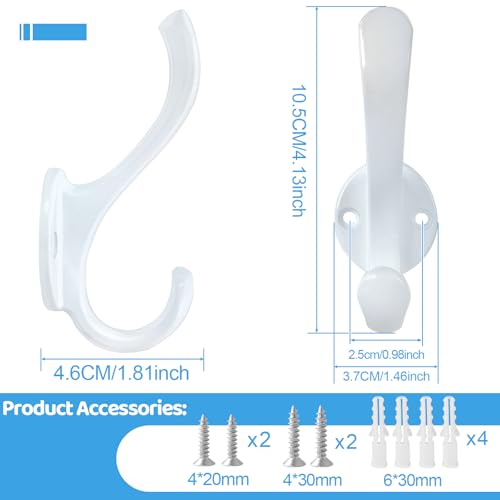 6 Pack Coat Hooks Wall Mount Heavy Duty Utility Retro Double Hooks for Hanging Coats,Hat, Towel, Key, Robe, Scarf, Bag, Cap (White) - color: 6 Pack-White