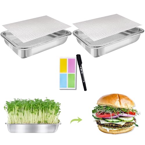 Stainless Steel Sprouting Trays, 2-Tier 10.4 x 7.7 in Microgreens Growing Tray Set with Extra-Fine Silicone Mesh for Alfalfa, Broccoli, Mung Beans, Peas, Rapeseed, Wheatgrass - size: 10.4"L × 7.67"W Tray