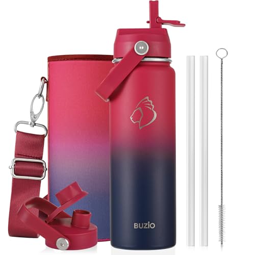 BUZIO 24 oz Insulated Stainless Steel Water Bottle with Straw & Spout Lids | Triple Wall Insulated Tumbler (Dishwasher Safe), Cold for 48 Hrs, Wide Mouth, Leakproof, BPA-Free, for Sports, Gym, School - color: Ruby Red Navy, size: 24 Ounces