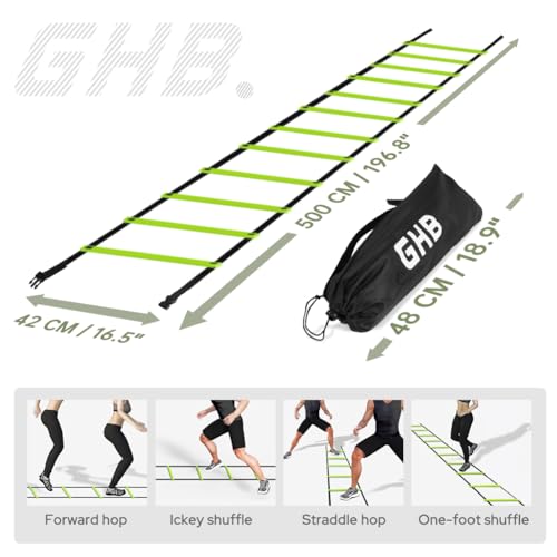 GHB Pro Agility Ladder Agility Training Ladder Speed 12 Rung 20ft with Carrying Bag - color: Green-2 Pack