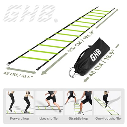 GHB Pro Agility Ladder Agility Training Ladder Speed 12 Rung 20ft with Carrying Bag - color: Green-2 Pack