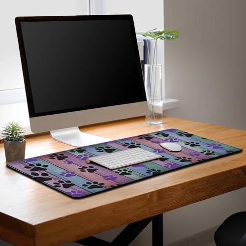 Gaming Mouse Pad Black and Purple, Big Mouse Pads Computer Desk Mat, Work Table Mat Non-Slip Rubber Base Waterproof with Stitched Edges, 35.4 X 15.7 inch for Work/Game/Office/Home Dog Paw - color: Dog Paw