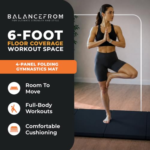 BalanceFrom 6x4 Feet 4-Panel Folding Gymnastics Mat – 2-Inch Thick Pad with Vinyl Surface and Carrying Handles for Tumbling, Yoga, Pilates, Home Workouts, and Martial Arts - color: Black