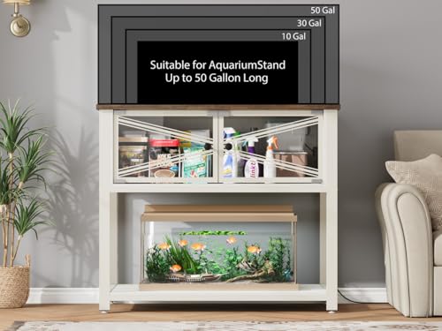 40-50 Gallon Aquarium Stand with Heavy Duty Metal Frame, Fish Tank Stand with Power Outlets, Two Glasses Door Storage Cabinet, Suitable for Turtle Tank, Reptile Tank, White+Brown