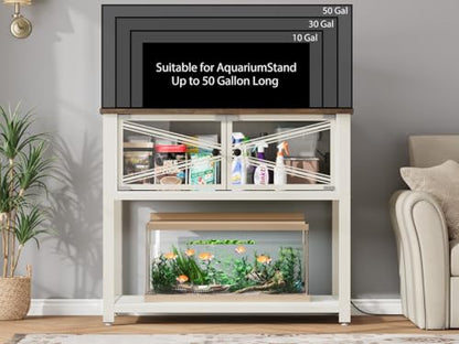 40-50 Gallon Aquarium Stand with Heavy Duty Metal Frame, Fish Tank Stand with Power Outlets, Two Glasses Door Storage Cabinet, Suitable for Turtle Tank, Reptile Tank, White+Brown