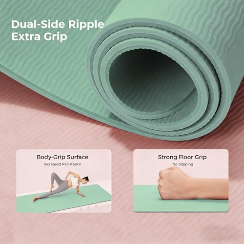 Keep 72" x 24" TPE Yoga Mat Non Slip, 1/4 Inch (6mm) Exercise Mat for Home Workout, Gym, Yoga, Pilates & Stretching with Carrying Strap, Oat White - color: Mint green